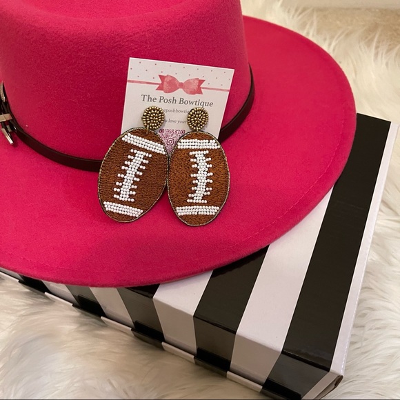 Football Seed Beaded Game Day Brown Oval Earrings with White Bead Laces - Picture 4 of 10